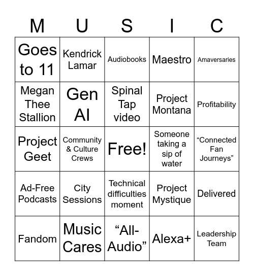 All Amazon Music Meeting Bingo Card