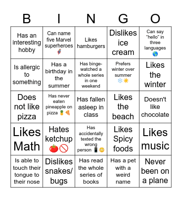 Ice Breaker Adolescent Bingo Card