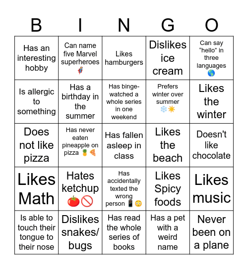 Ice Breaker Adolescent Bingo Card