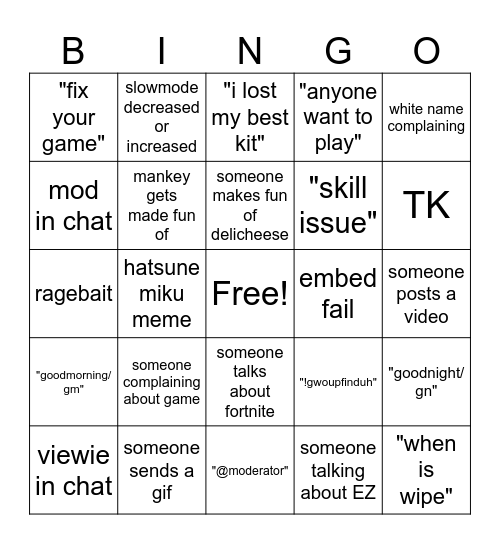 GENchat bingo Card
