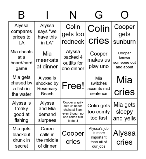 Beach Bingo Card
