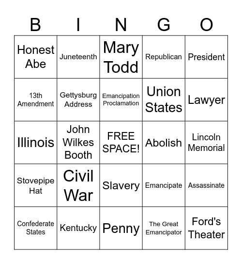 Abraham Lincoln BINGO Card