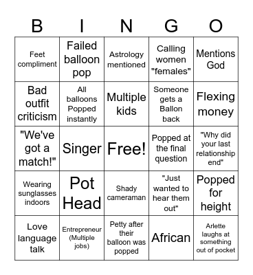 POP THE BALLOON Bingo Card