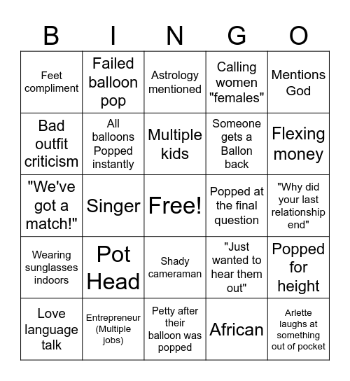 POP THE BALLOON Bingo Card