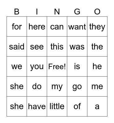 Heart Word Bingo - kindergarten Bingo Card