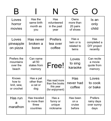 Get to Know You Bingo Card