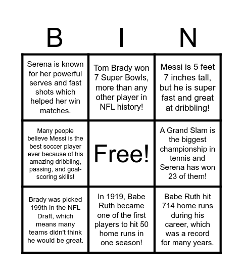 Famous Athletes (Big Idea/Details) Bingo Card