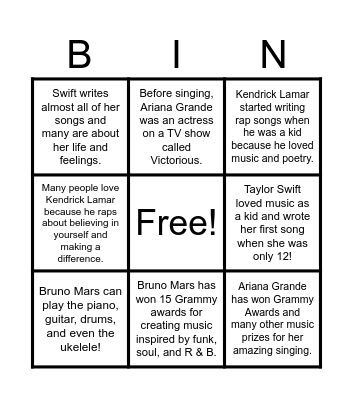 Famous Singers (Big Idea/Details) Bingo Card