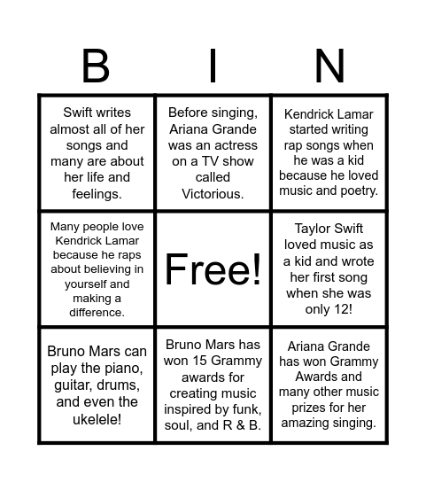 Famous Singers (Big Idea/Details) Bingo Card