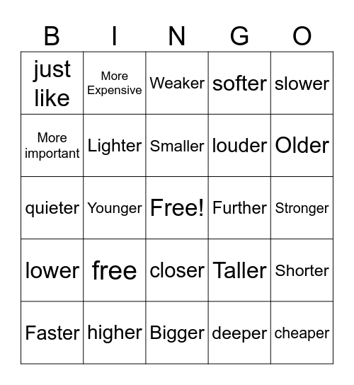 Comparitive Phrases Bingo Card