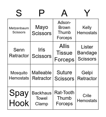 Surgical Instrument Bingo Card