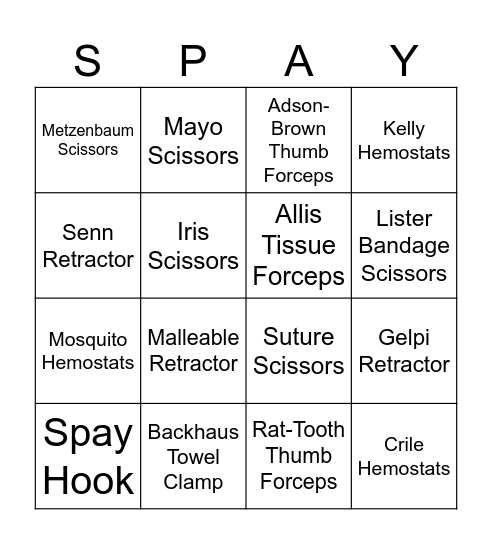 Surgical Instrument Bingo Card