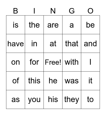 Sight Words BINGO Card