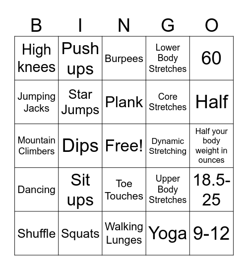 Components of Fitness Bingo Card