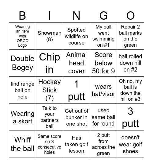 9 hole Golf Bingo Card