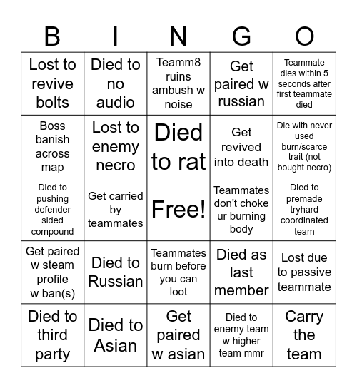 Hunt Showdown random trios , Lost = lost fight Bingo Card