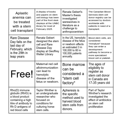 Speaker and Stem Cell Facts Bingo Card