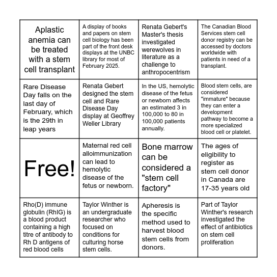 Speaker and Stem Cell Facts Bingo Card