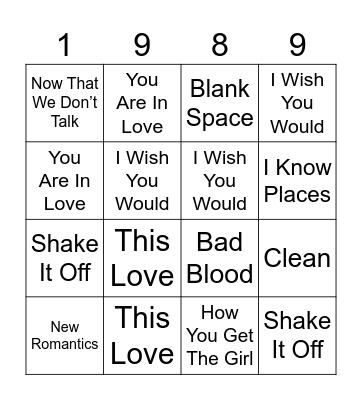Taylor Swift Bingo Card