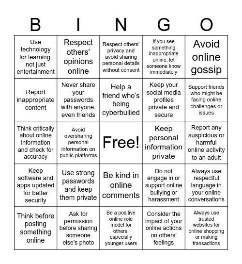Digital Citizenship Bingo Card