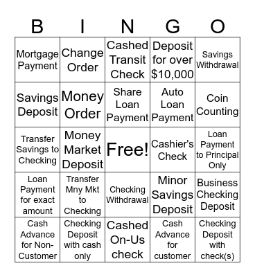 Transaction Bingo Card