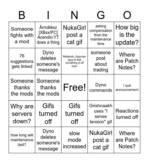 Fallout 76 discord bingo Card