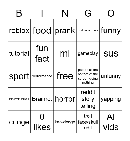 yt shorts bingo Card