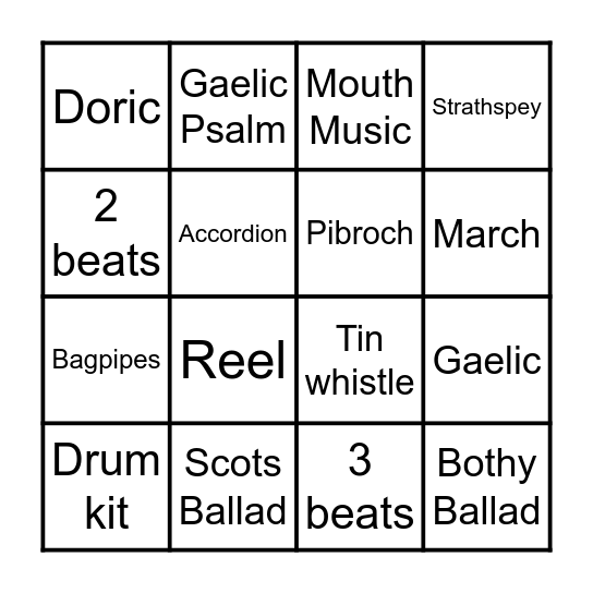 Scottish Music Bingo Card