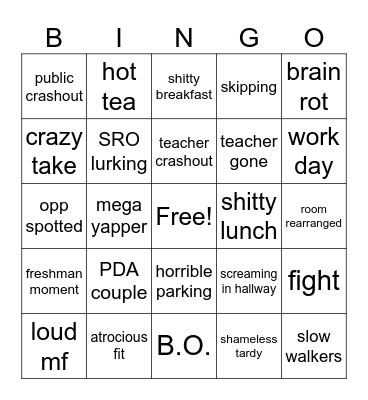 school bingo Card