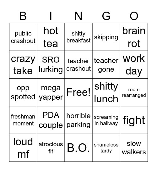 school bingo Card