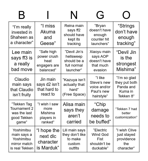 Tekken 8 Hot Takes Bingo Card
