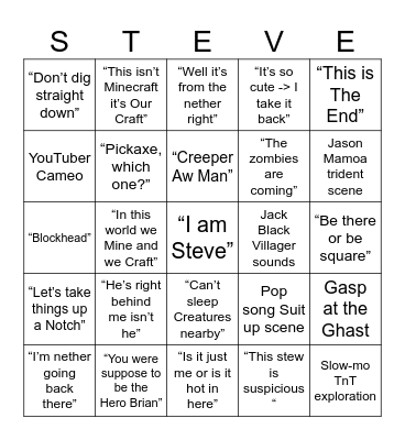 The Minecrap movie bingo Card