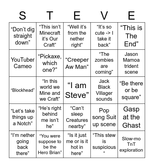 The Minecrap movie bingo Card