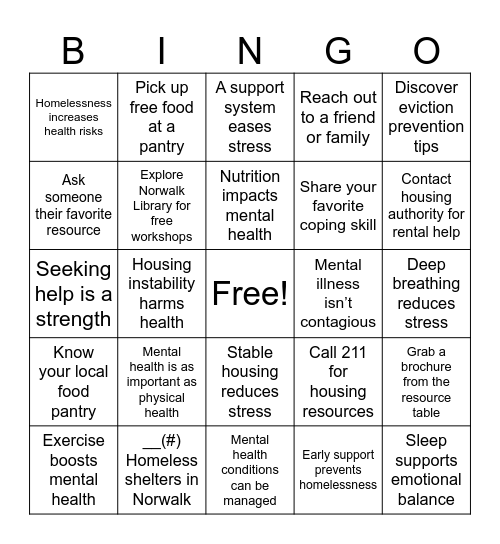 Mental Health Wellness Bingo Card