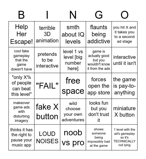 mobile game ad bingo Card