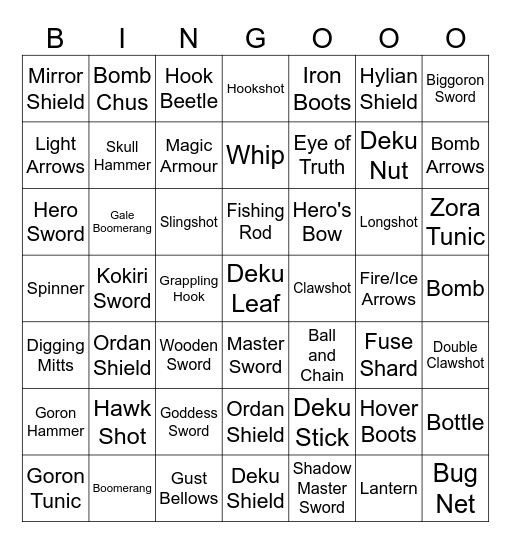 Zelda Weapons Bingo Card