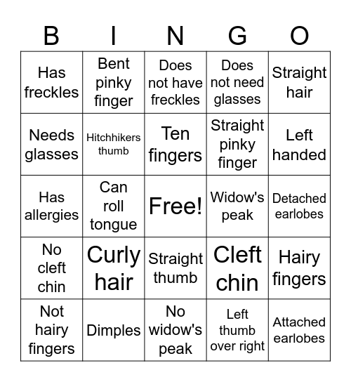 Genetic Trait Bingo Card