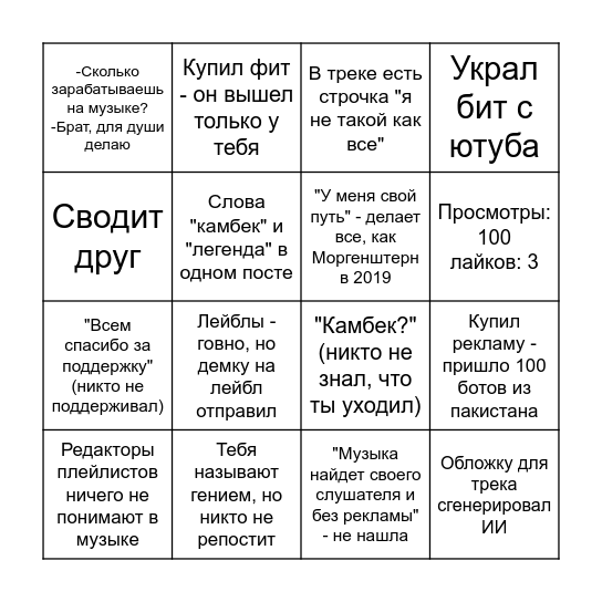 Бинго малоизвестного артиста Bingo Card