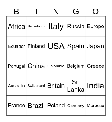 Countries Bingo Card
