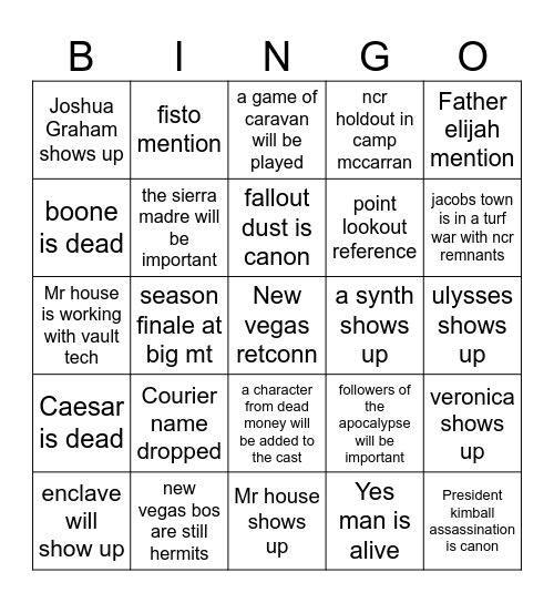 fallout show season 2 predictions Bingo Card