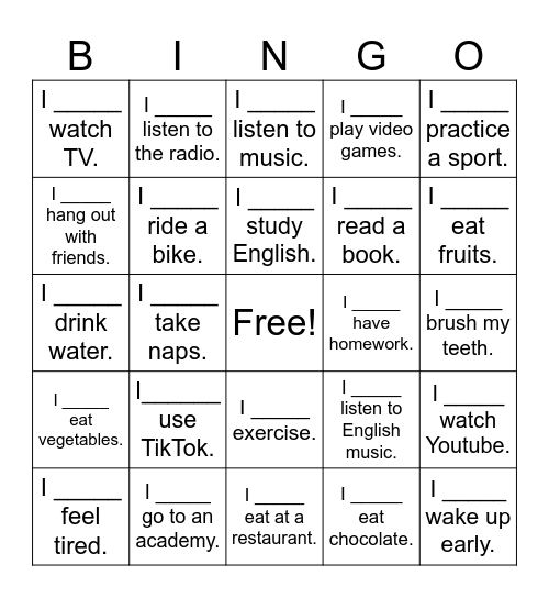 Adverbs of Frequency Bingo Card
