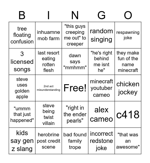 A Minecraft Movie Bingo Card