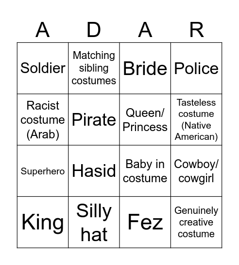 Purim Day Bingo Card