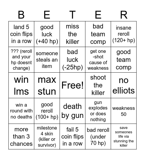 random chance bingo Card