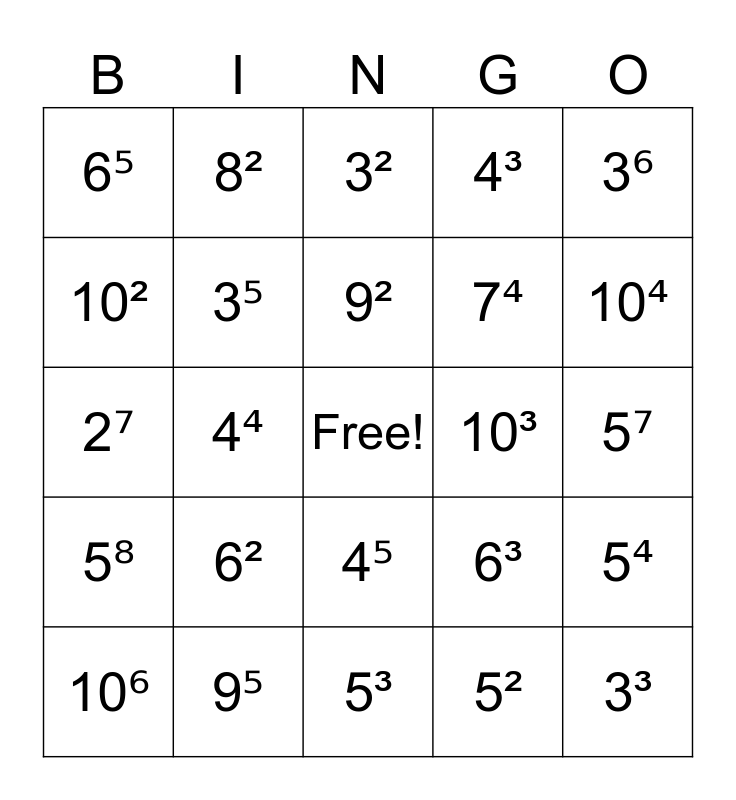 Exponent Bingo Card