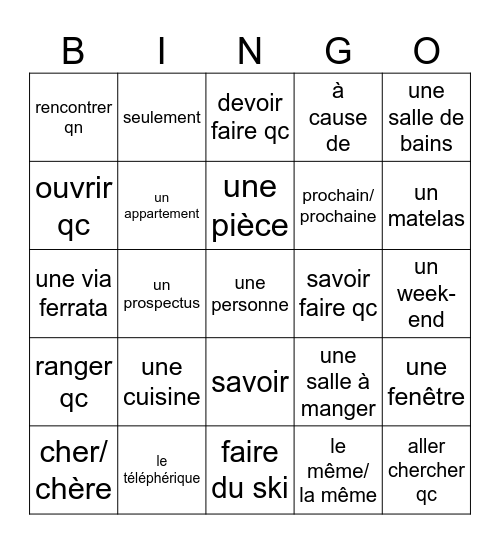 7FR: Unité 3 Atelier A Bingo Card