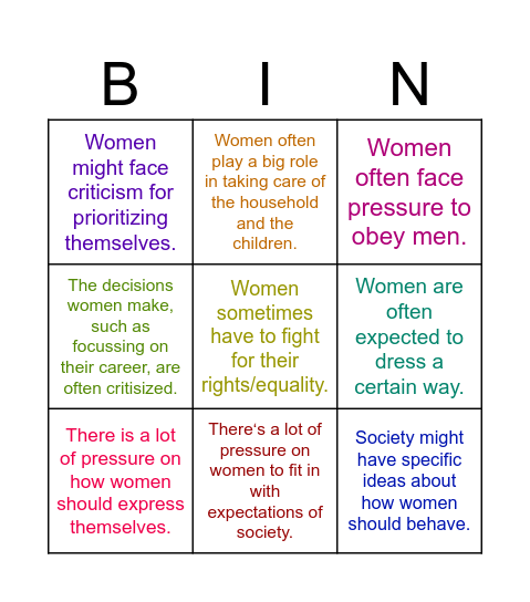 Patriarchy bingo Card
