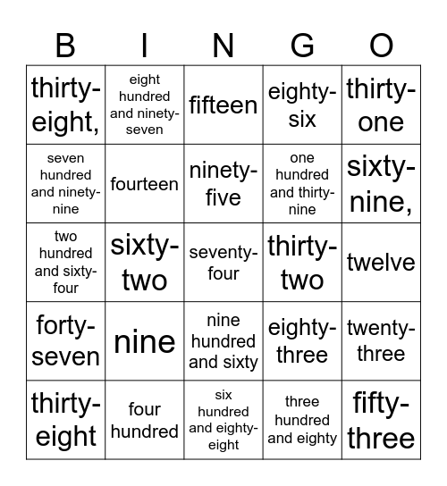 Numbers 1 - 1000 Bingo Card
