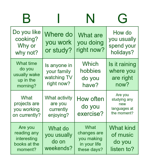 Pr Simple vs Pr Continious Bingo Card