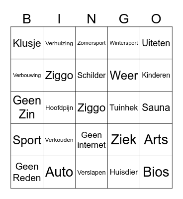Afwezigheids Bingo Card